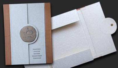Hard board made folder,clothed with vellum paper and leather. Metalic sign on center (alpaca) oxideted and painted
