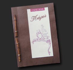 Snack bar menu, special paper printed and cinnamon with golden lace made binding
